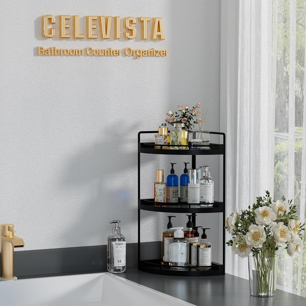 Skiennix Corner Bathroom Counter Organizer - 3-Tier Wood Vanity Shelf for Skincare & Makeup (Black)