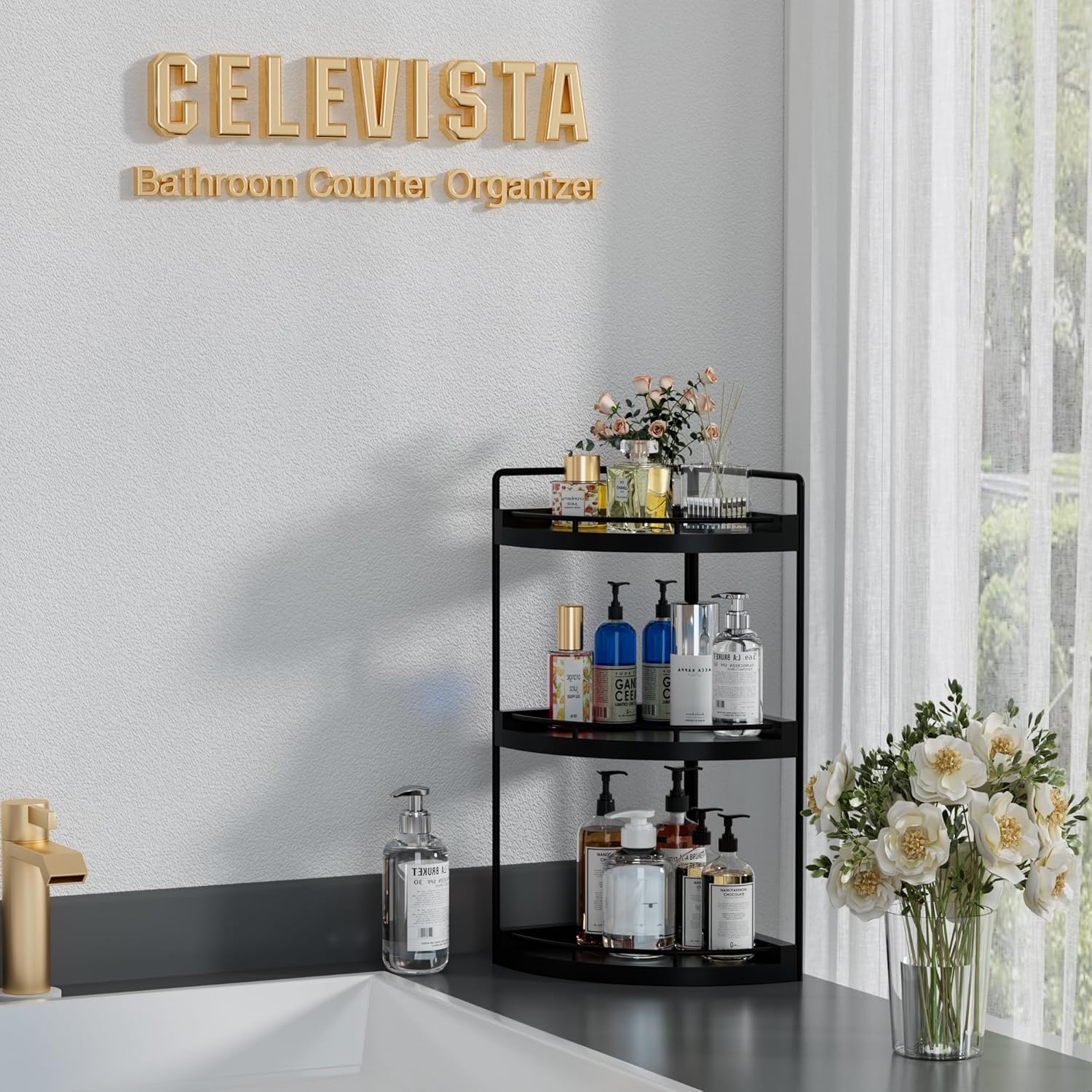 Skiennix Corner Bathroom Counter Organizer - 3-Tier Wood Vanity Shelf for Skincare & Makeup (Black)