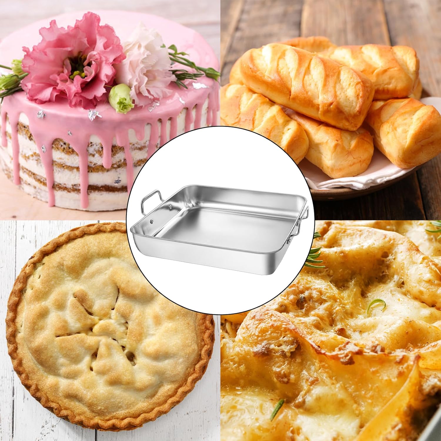 Tebery Square Cake Pan Set - Deep Stainless Steel Nonstick Baking Pans with Handles | Durable Bakeware for Birthdays & Weddings