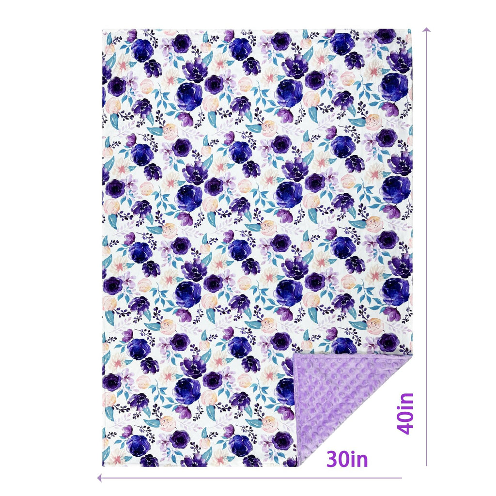 Soft Plush Baby Blankets for Girls with Print Floral Pattern and Soothing Raised Dots, Double Layer Bed Throws for Baby Infant Toddler Nursery Crib,Purple, 30x40 Inches (Purple)