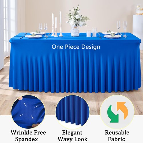 Htper 3 Packs Royal Blue Spandex Tablecloths for 8 Foot Rectangle Tables, Stretchy Fitted 8FT Blue Table Skirt for Wedding Party, Wrinkle Free Tablecloths for Banquet Wedding Birthday Party