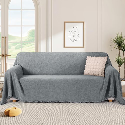 KinCam Couch Covers for 3 Cushion Couch Sofa Cover Washable Sectional Couch Cover for Dogs Tassel Sofa Blanket Cover Pet Friendly Soft and Durable for Most Furniture(91" x 134", Grey)