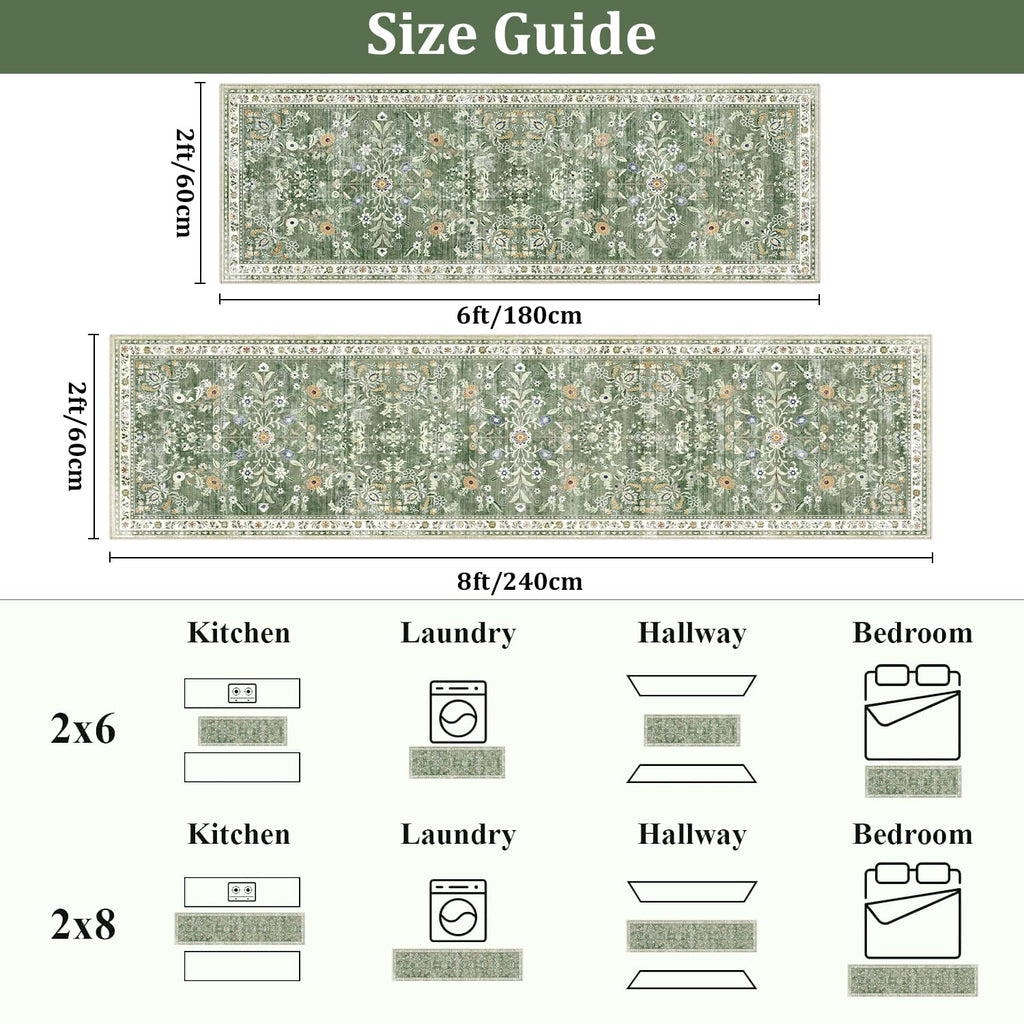 Yamaziot Washable Runner Rug 2x12 – Floral Non Slip Boho Hallway Runner Rug with Rubber Backing, Low Pile Faux Wool Distressed Carpet for Kitchen, Laundry, Bedroom, Entrance, Green