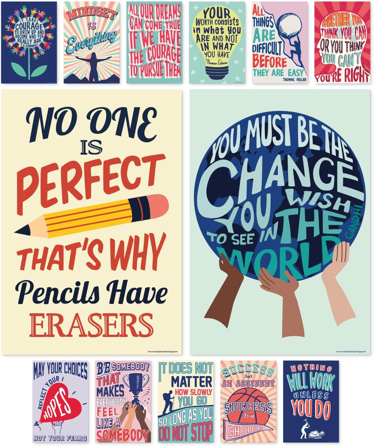 Sweetzer & Orange Growth Mindset Posters - Motivational Wall Art for Classrooms | Set of 13, 15 x 22”