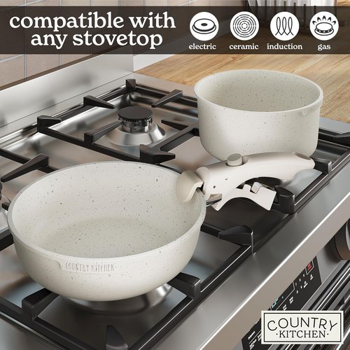 Country Kitchen Cookware Set - Removable Handle, Oven & RV Safe Pots and Pans, Cream Color