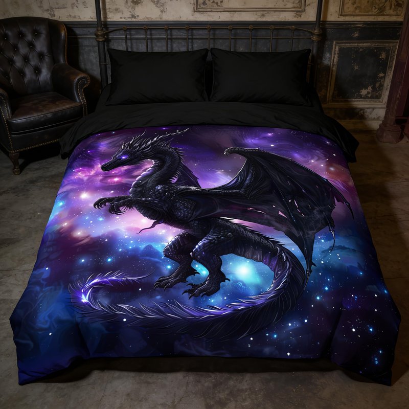 CCoutueChen Kids Dragon Bedding Set for Boys, Purple Blue Outer Space Comforter Set Twin Size, Fairy Tale Style Quilted Bed Set for Children Teens Room Decor/68 * 86