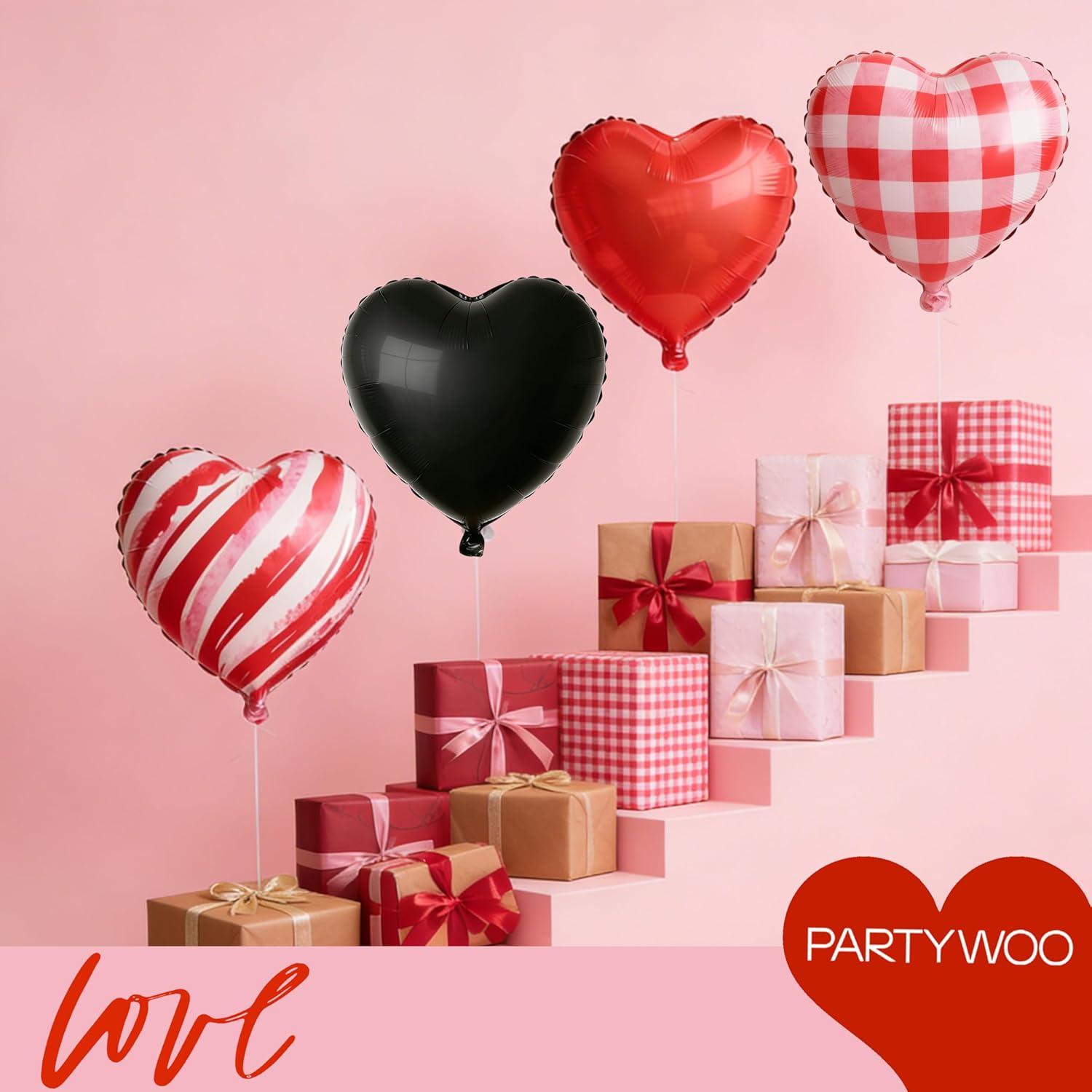 PartyWoo Pink Balloons - 127 Pcs in Various Sizes & Red/Black Heart Foil - Perfect for Valentine's Day & Weddings