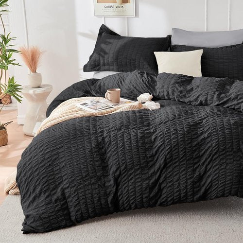 HYMOKEGE California King Comforter Set - Luxurious 7-Piece Seersucker Bedding in Black/Light Grey