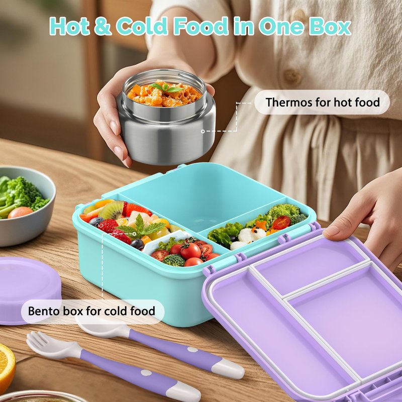 BEAQUEE Bento Box for Kids with Soup Thermos(9oz)– Kid Bento Lunch Box with Leak Proof Insulated Food Jar, Hot & Cold Lunch Container Set for School Girls Boys, 4-Compartments, Purple/Blue