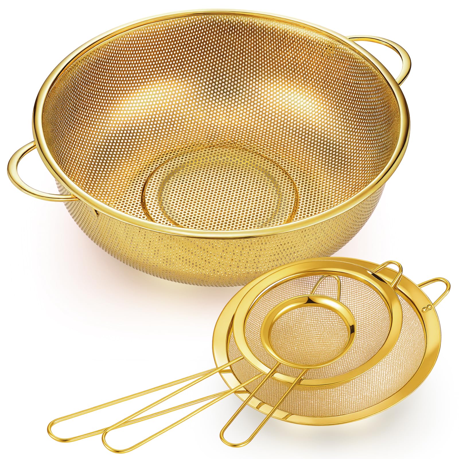 Baderke 3 Quart Stainless Steel Gold Colander and 3 Pcs Fine Mesh Strainer with Handles Gold Kitchen Accessories for Kitchen Draining Rinsing Serving Food Pasta Rice Vegetables