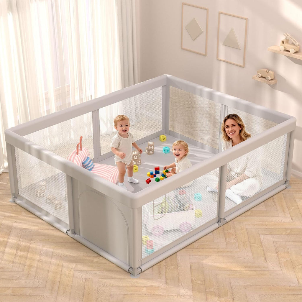 Skiennix Baby Playpen - Breathable Mesh Play Yard for Indoor & Outdoor Use - Grey Color