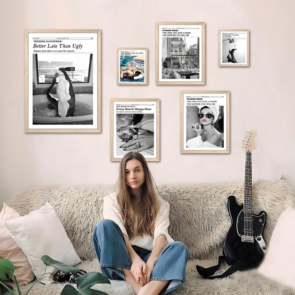 Vintage Black and White Newspaper Wall Art - Positive Headline Canvas Print for Bedroom & Bathroom | 8x10 Inch Light Wood Frame