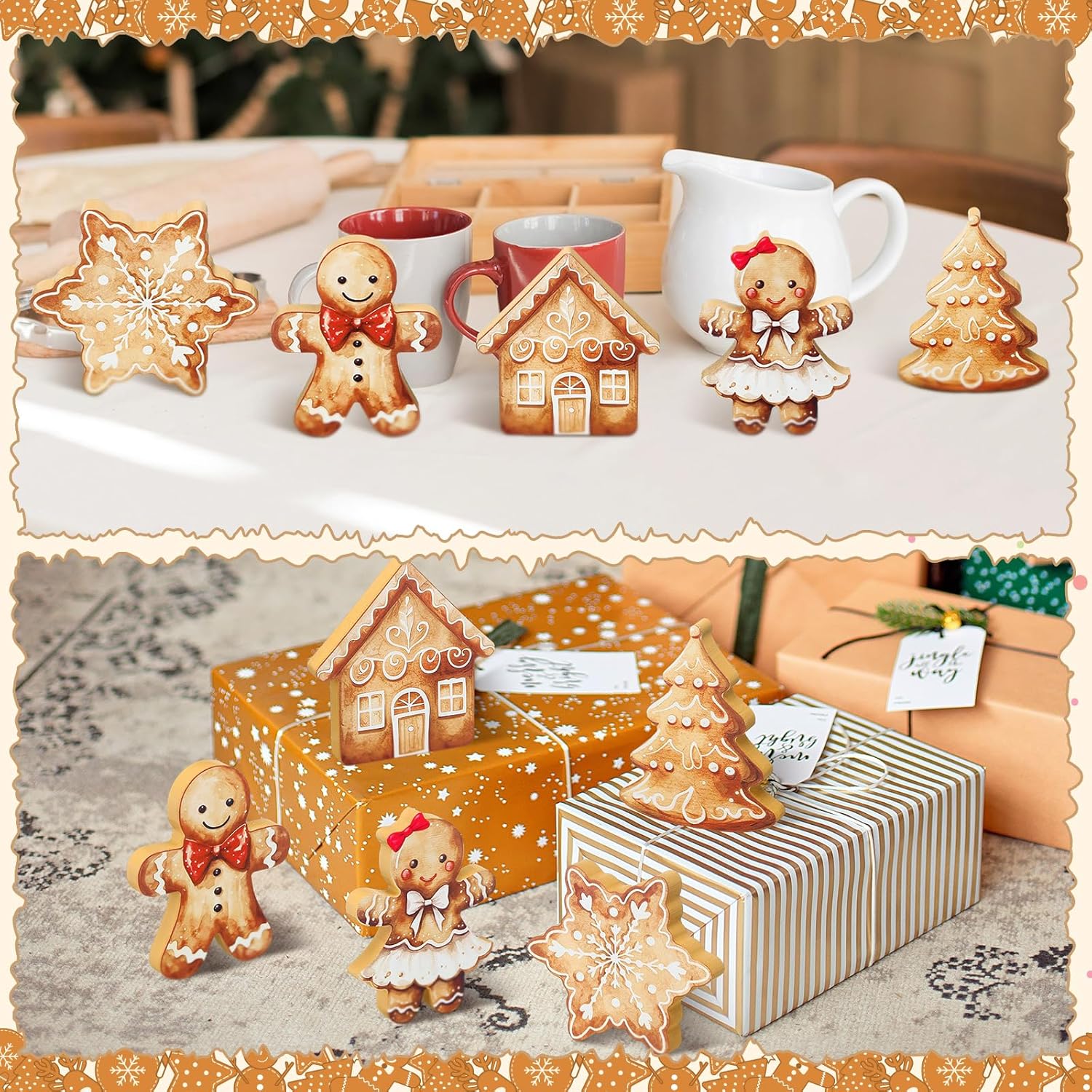 Threehoney Gingerbread Christmas Decorations - 5 Pcs Cute Wooden Table Decor for Home & Office