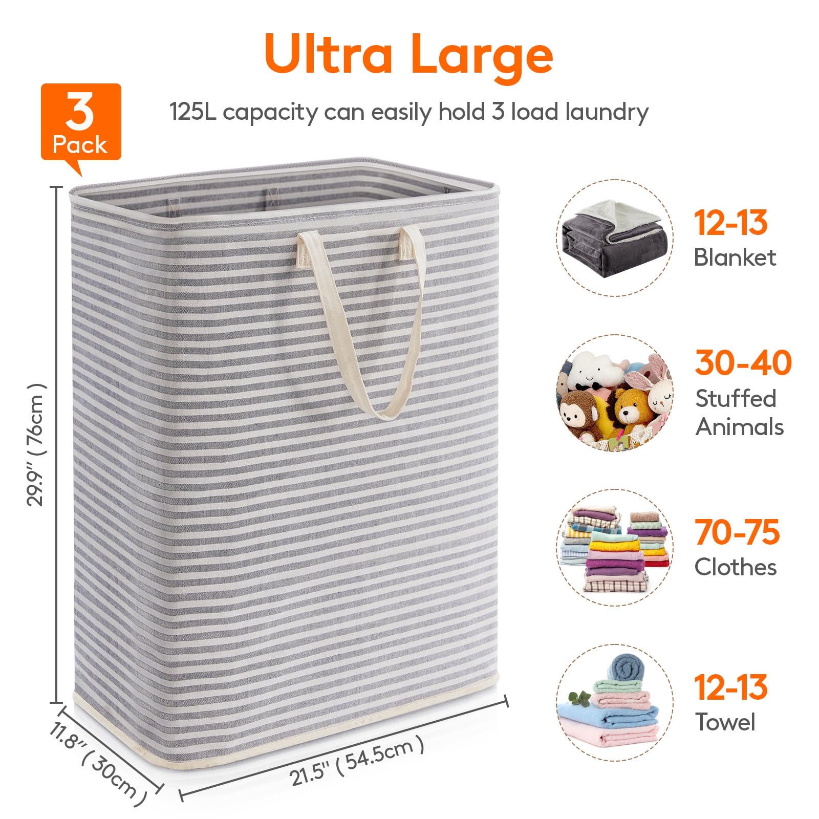 Lifewit 3 Pack Laundry Hamper Large Collapsible Laundry Baskets, Freestanding Waterproof Clothes Hamper with Easy Carry Handles in Laundry Room Bedroom Bathroom College Dorm, Grey, 3 x 125L