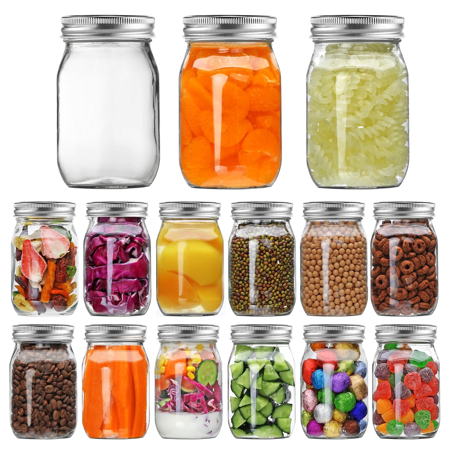 YINGERHUAN Glass Regular Mouth Mason Jars, 16 oz Clear Glass Jars with Silver Metal Lids for Sealing, Canning Jars for Food Storage, Overnight Oats, Dry Food, Snacks, Candies, DIY Projects (15PACK)