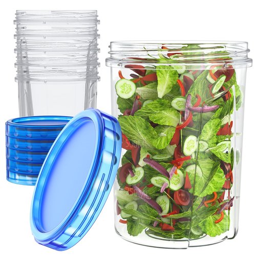 [32 oz 6 Pack] Food Storage Freezer Containers Clear bottom With blue Twist Top Lids Reusable, Plastic Airtight Meal Prep Containers BPA Free | Stackable | Leakproof | Microwave/Dishwasher Safe