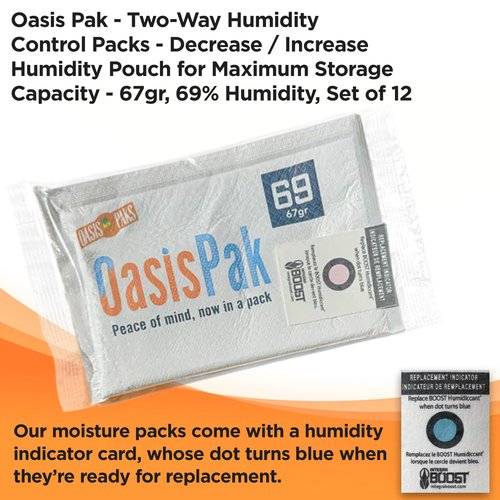 OasisPak 69% RH Two-Way Humidity Control Packs (12 Pack) - 67 Gram Packs | Maintain Humidty, Freshness, Flavors & Aromas | Salt-Free, Leak-Proof Moisture Absorbers for Storage Cases & Containers