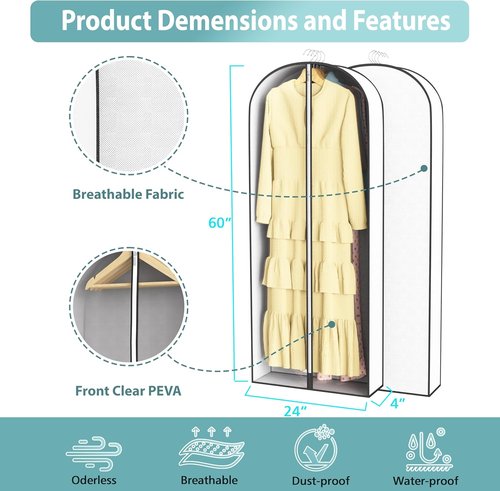 Liuoud 60” Garment Bags - Breathable Fabric with Clear Window & Metal Zipper | 5 Pack for Long Dresses & Suits