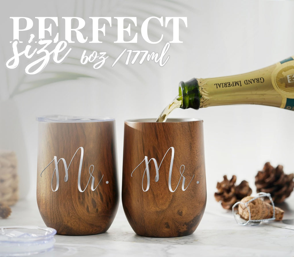 Onebttl Mr & Mr Gifts Tumbler Set - Stainless Steel 12oz/350ml with Lid - Wooden, Perfect for Wedding, Engagement, Valentine's Day, Anniversary & Newlyweds