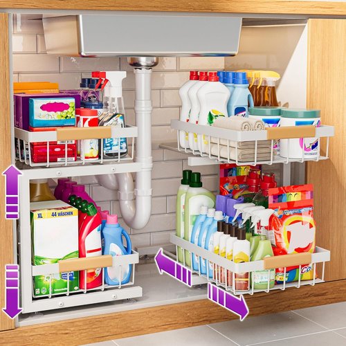ADBIU Under Sink Organizer - Adjustable Height 2-Tier Pull-Out Drawers | Heavy-Duty Metal Shelf, White (11"-15.75")