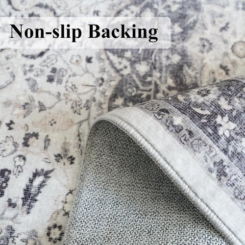 **Regine Switzerland Washable Runner Rug - Stain Resistant Oriental Design | 4x8 Feet, Grey for Entryway & Kitchen**