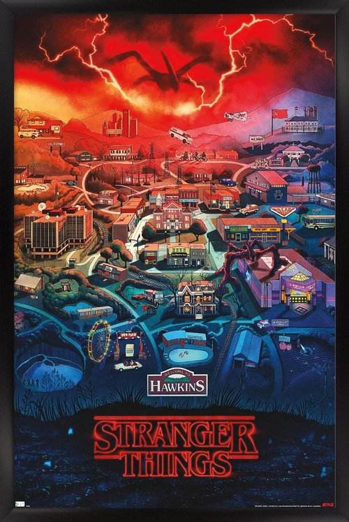 Trends International Netflix Stranger Things: Season 4 - Hawkins, Indiana Wall Poster, 14.725" x 22.375", Black Framed Version