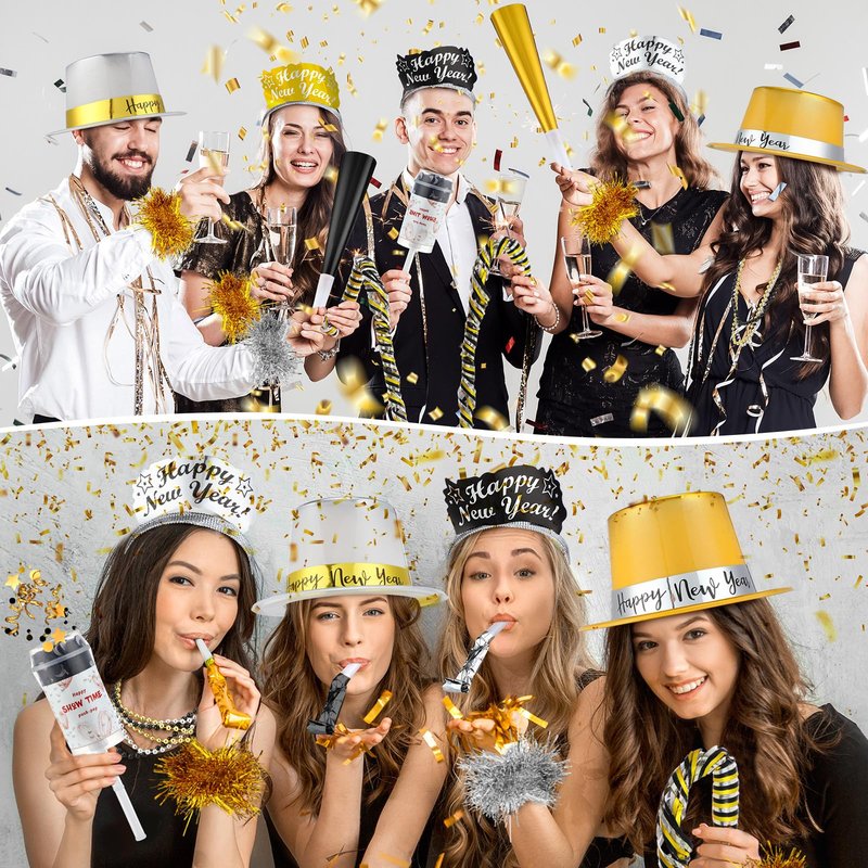 Ceenna 2026 New Year's Eve Party Decorations Supplies for 24 Guests 12 New Year Hats 12 Tiara 12 Blowing Horns 12 Metallic Fringed Noisemakers 24 Necklaces 24 Bracelets 10 Celebrations