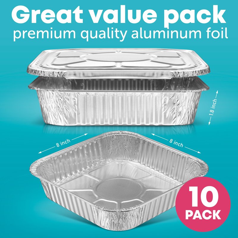 Plastible 8x8 Disposable Aluminum Pans With Lids - 10 Pack Foil Pans For Cooking, Baking Cakes, Roasting & Homemade Breads - Disposable Food Containers With Foil Lids