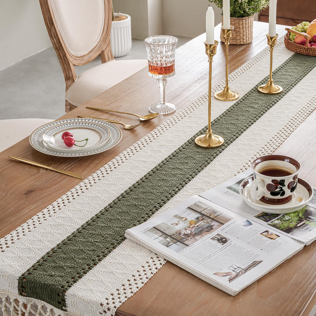 duduta Sage Green Christmas Macrame Table Runner 90 inch Long, Rustic Farmhouse Dresser Covers Boho Coffee Table Decor