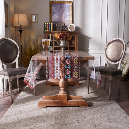 Artbloss Boho Vinyl Rectangle Table Cloth Clear Table Cover Protector with Bohemian Pattern Oil Spill Proof Wipe Clean Plastic Table Covers for Dining Tables (Boho Red, 55 x 120 Inches)