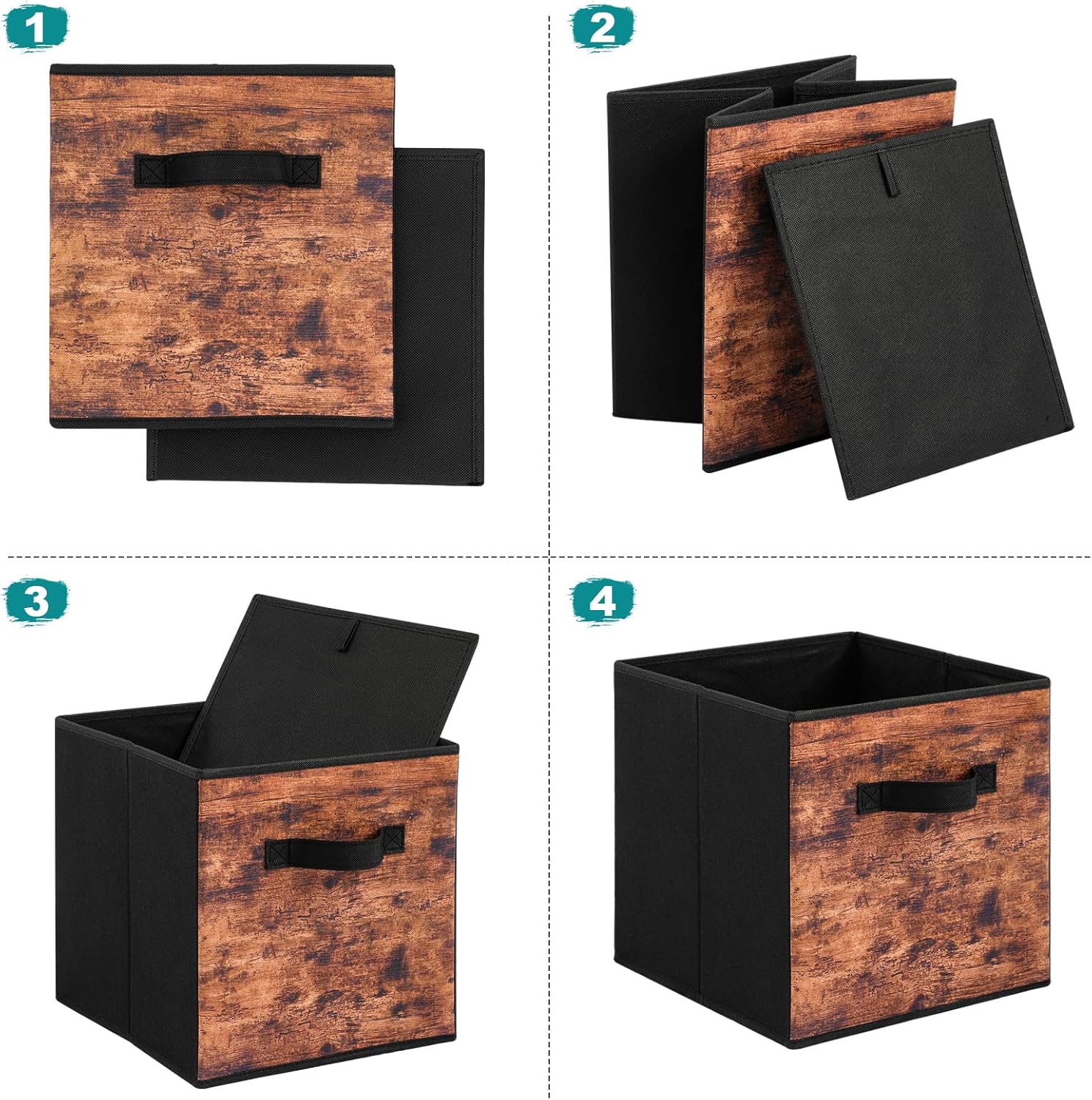 Stero Fabric Storage Cubes - 6 Pack Foldable Bins with Handles | 13-Inch Rustic Brown & Black Organizer