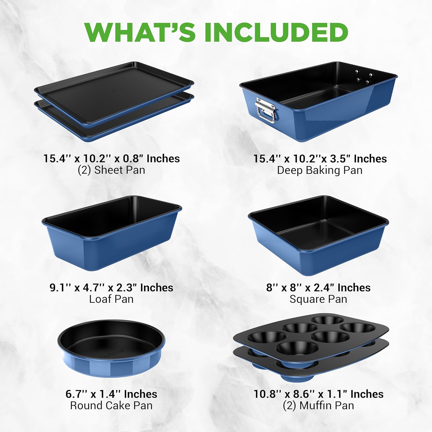 NutriChef 8-Piece Nonstick Bakeware Set | Oven Safe Up to 450°F - Round, Loaf, Muffin, & Cookie Pans (Blue)