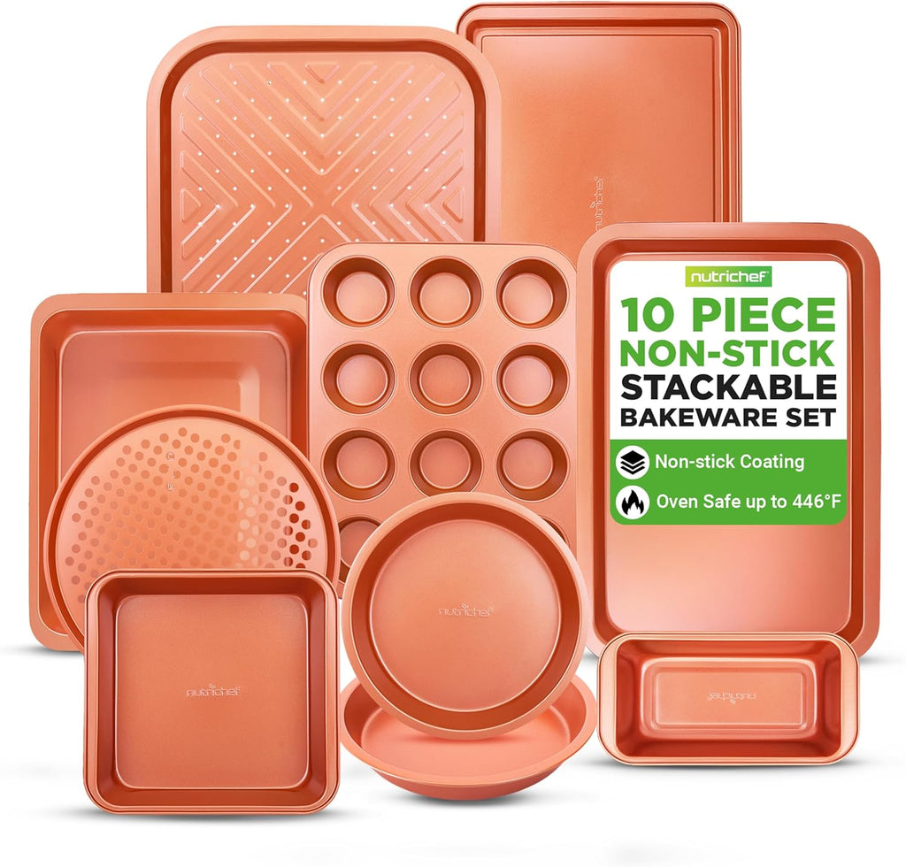NutriChef 10-Piece Baking Pans Set - Non-Stick Carbon Steel Bakeware, Dishwasher Safe & PFOA Free