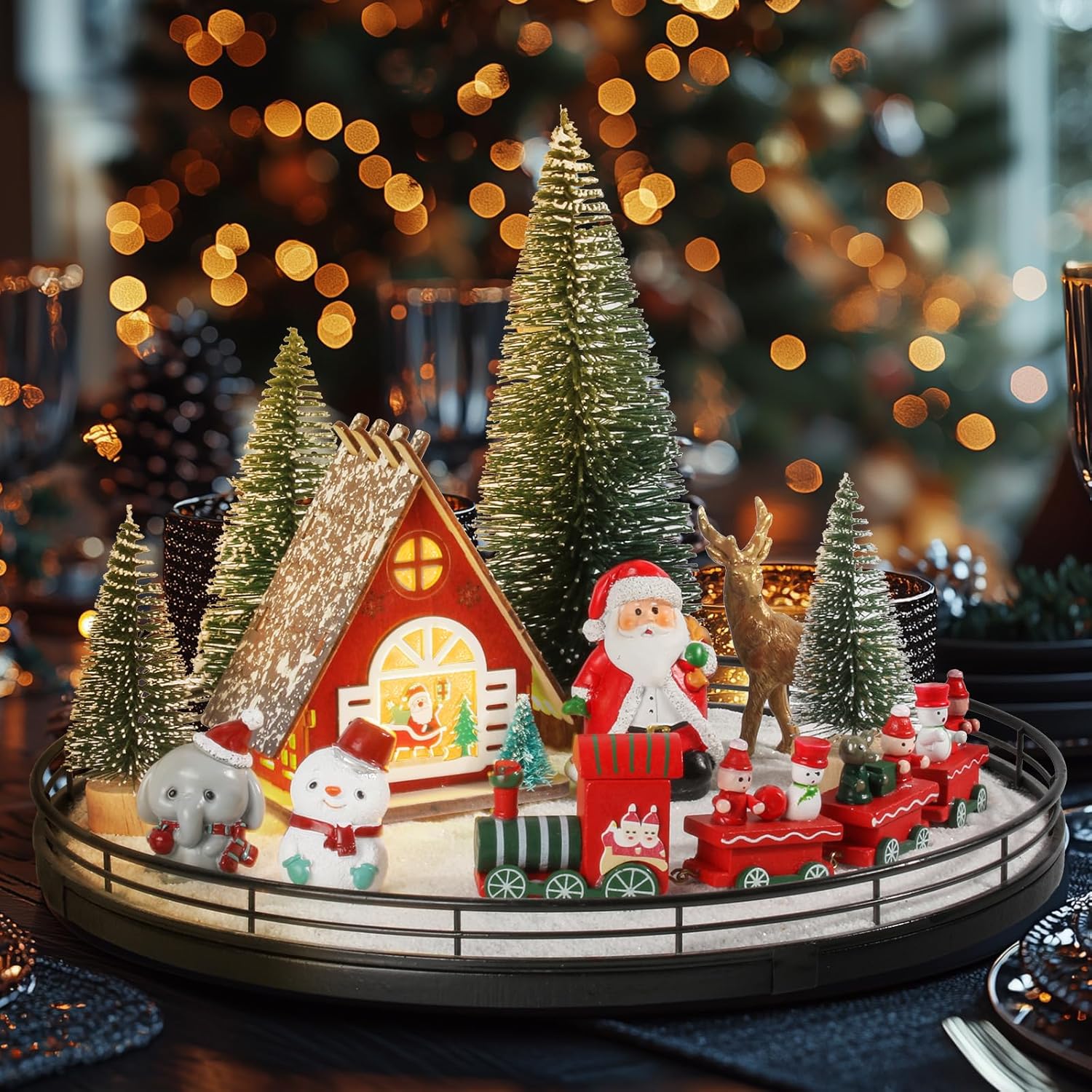 Oroyutor Christmas Village Set - 12 Pcs Oak Wooden Lazy Susan with Santa Train & Trees | 13" Holiday Decor