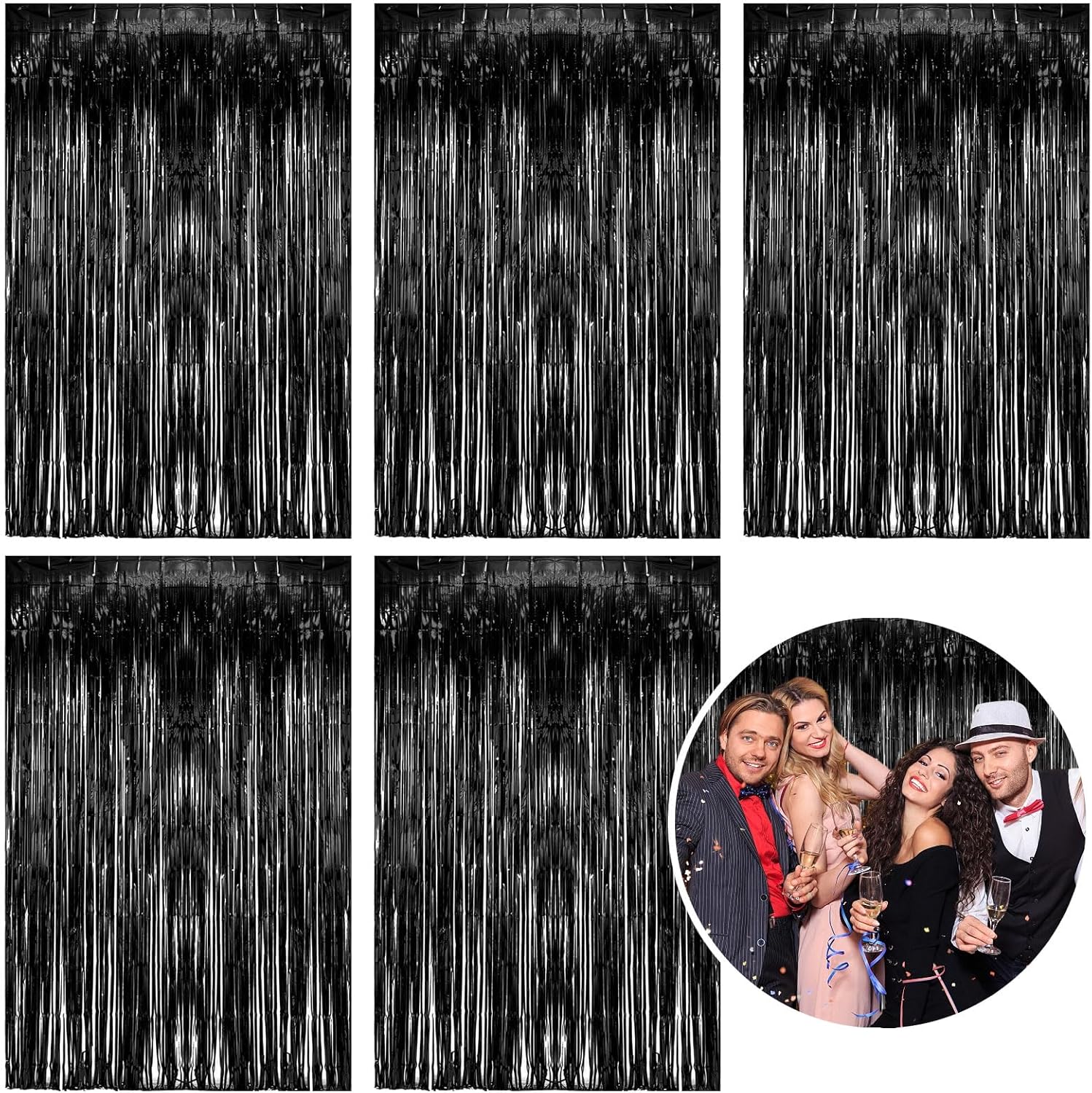 Skiennix Foil Curtain Backdrop - Black Metallic Tinsel Fringe for Photo Booths | 5 Pack Party Decorations