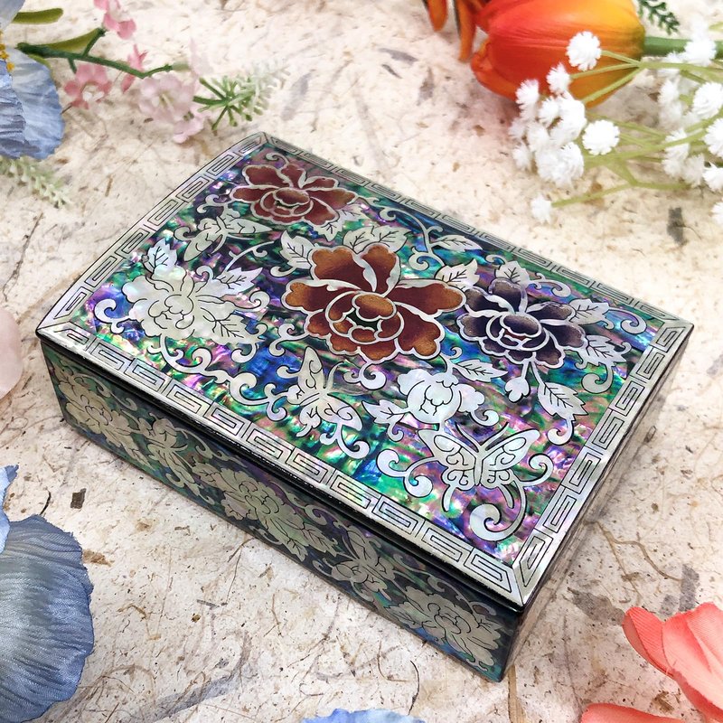 Nacreh Mother of Pearl Jewelry Ring Mini Trinket Wooden Box for Business Card Case Nacklace - Inlaid with Sea Shell Gifts for Women and Men (Peony)