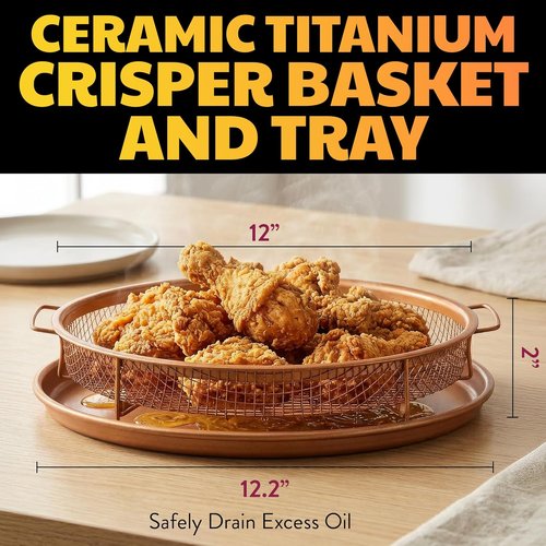 GOTHAM STEEL 2-Piece Copper Air Fryer Tray Set - Non-Stick Crisper Baskets for Pizza & Baking