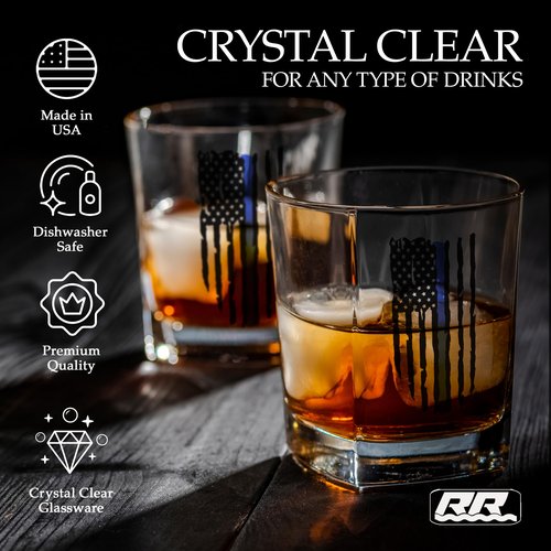 Rogue River Tactical Blue Line Tattered Flag Police Officer Whiskey Decanter Gift Set With 2 Glasses Custom Gift For Men Dad Father's Day PD Police Officer
