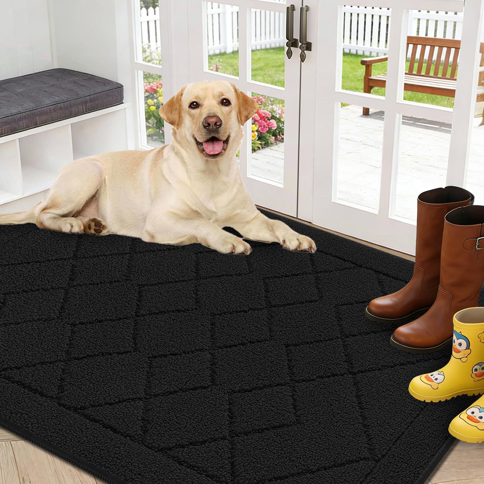 REFETONE Indoor Doormat, Front Back Door Mat 32"x48" Rubber Backing Non Slip Mats, Absorbent Washable Entrance Doormat for Entryway, Resist Dirt Low-Profile Inside Floor Mat for Muddy Shoes, Black
