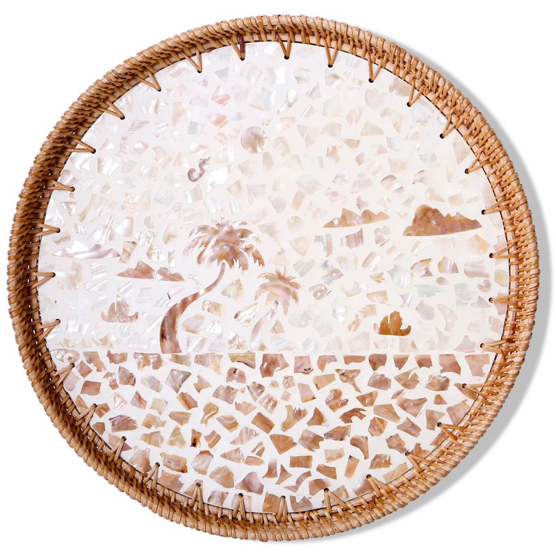 Round Rattan Tray with Mother of Pearl Inlay & Wooden Base - Decorative Wicker Serving Tray for Coffee/Bread/Fruits, Food Storage & Display - Multipurpose Home Decor (L,Island)