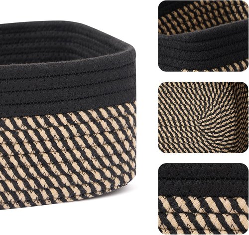 MiniArk Small Storage Baskets - Organizing Closet Bins | Woven Rope Toy Baskets | 3-Pack Black Brown | 11.5x7.5x4.7”