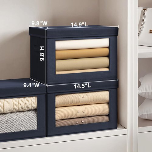 Homsorout Foldable Storage Boxes - Decorative Fabric Baskets with Clear Window, Navy Blue, 4-Pack for Organizing