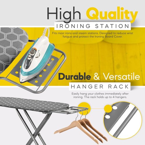 Full Size Ironing Board - Sturdy 57" L x 15" W Design with Adjustable Height & Heat Resistant Cover - Silver Gray