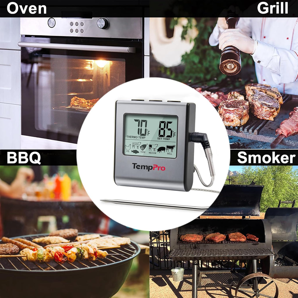 TempPro TP16 Large LCD Digital Meat Thermometer - Stainless Steel Probe for BBQ, Oven & Smoker