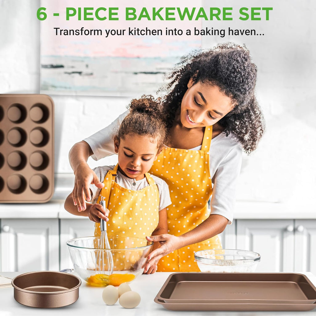 NutriChef 6-Piece Nonstick Bakeware Set - Carbon Steel Baking Pans, Cookie Sheets & More | Gold Finish