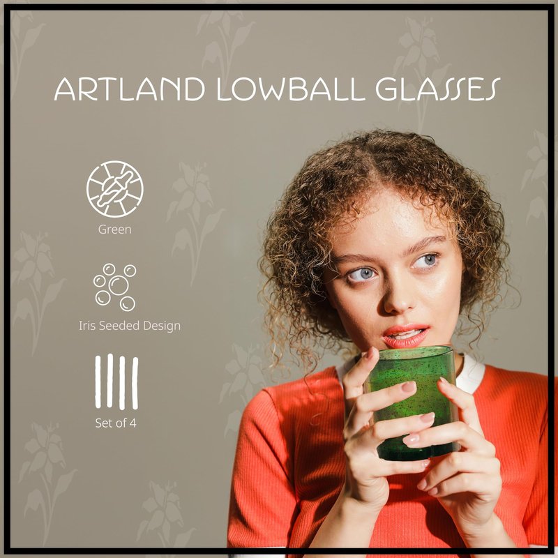 Artland 14oz Double Old Fashion Glass, Set of 4 | Iris Seeded Design, Green | Drinking Glass for Parties and Everyday Use - Mojito, Whiskey, Cocktail | Glassware & Barware Essentials