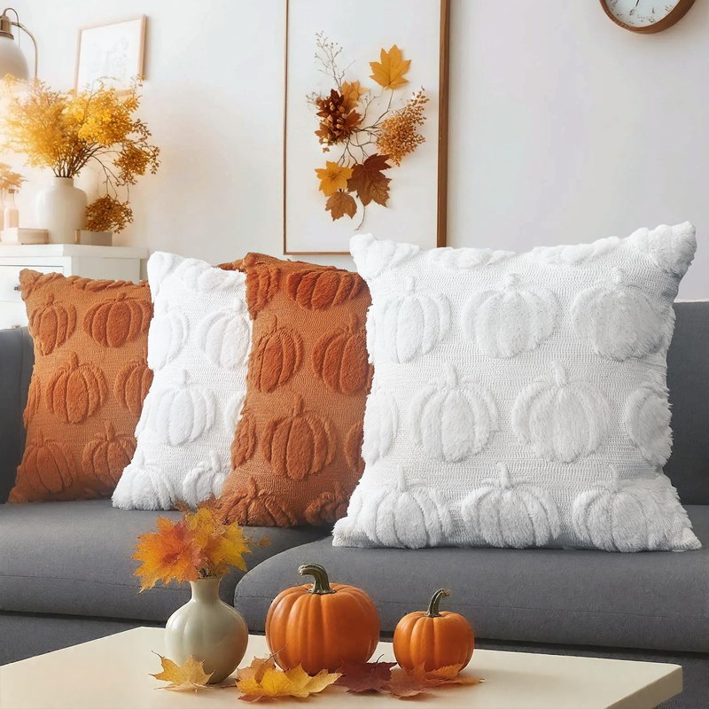 DUZXLCQ Fall Pillow Covers 18x18 inch Set of 2 Fall Decorations Pumpkin Plush Faux Fur Throw Pillow Covers Cushion Case for Autumn Harvest Farmhouse Home Decor for Couch Sofa Home Outdoor White