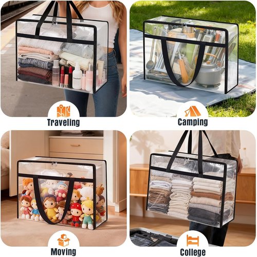 Clear Under Bed Storage Containers - 4 Pack Large Capacity Bags with Lids & Sturdy Handles | Foldable Clothing Organizer Totes (60L)