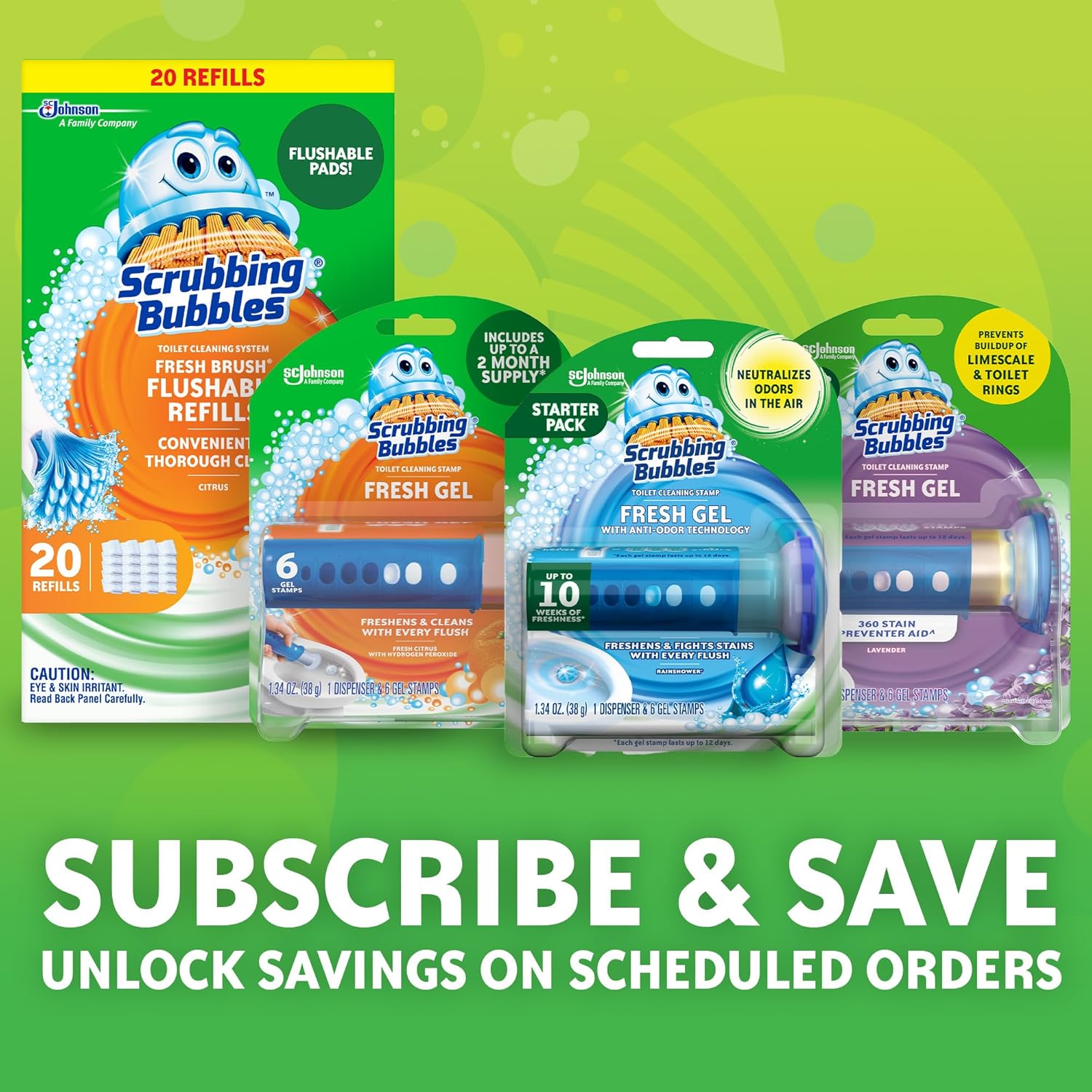 Scrubbing Bubbles Fresh Gel Toilet Bowl Cleaning Stamps - Prevent Limescale & Rings | Rainshower Scent, 24 Stamps