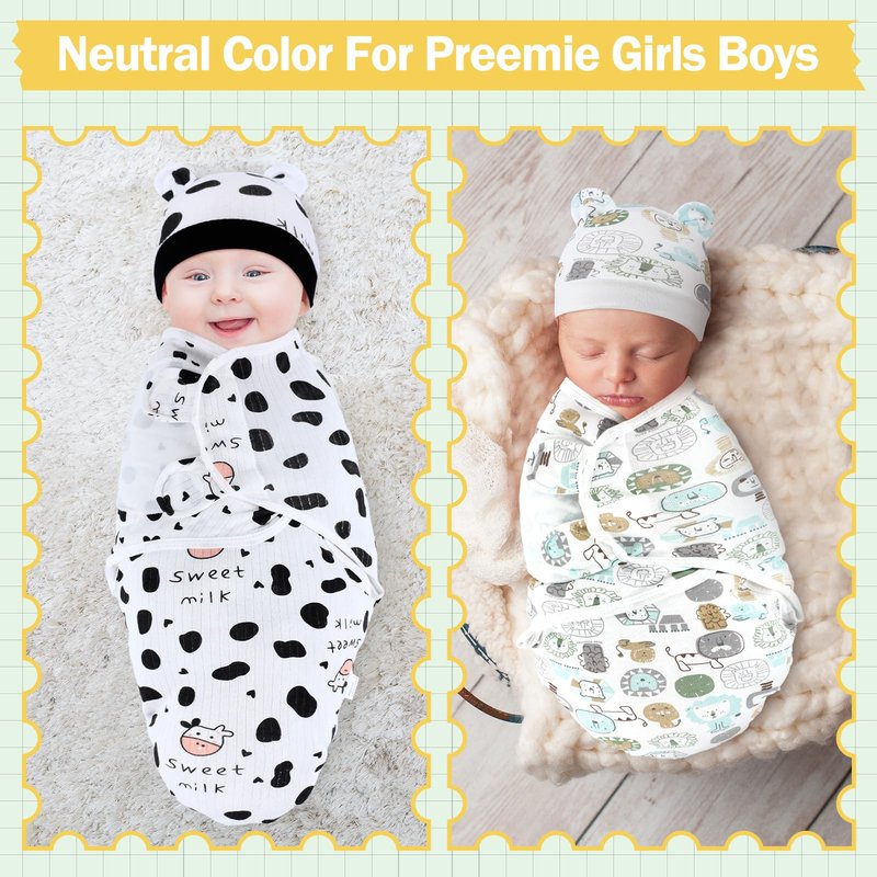 VitalCozy 2 Pack Preemie Baby Swaddle Blanket Wrap with Hat 3-7 Lbs Preemie Hat Newborn Receiving Blanket Wrap for Boy Girl(Animals, Cow)
